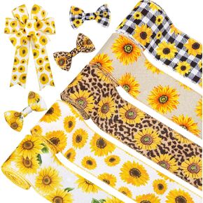 Whaline Sunflower Wired Edge Ribbon 30 Yard Yellow Flower Pattern 5 Roll Spring Summer Fabric Decorative Craft Ribbon Roll for Gift Wrapping Decor Hair Bow Sewing Wreath Crafts