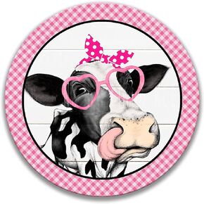 Round Metal Tin Sign Rustic Wall Decor Heifer Sign, Cow Sign Pink Heifer Round Wreath Sign Farm Sign Farm Animals Wreath Decor Farmhouse Decor Front Door Hanging Wood Sign for Crafts I NCH12x12 Inch