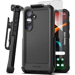 Encased for Samsung Galaxy A35 5G Phone Case with Belt Clip Holster and Screen Protector (Tempered Glass) Heavy-Duty Protective Rugged Cover (Falcon Series), Black