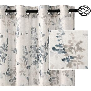 H.VERSAILTEX Sheer Linen Curtains 84 Inch Long Semi Sheer Curtains Draperies for Living Room/Bedroom Bluestone and Taupe Vintage Classical Floral Printing Window Treatment Grommet 2 Panels