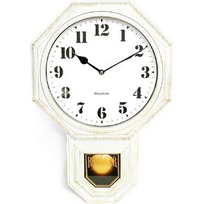 Signature White Antique Mini Pendulum Wall Clock, Simulated Metallic Vintage Texture, Non-Ticking Silent Sweep Movement, 11.4" x 17" x 2.4", Retro Classic Style, Plastic Frame with ABS Glass (White)