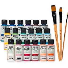 DecoArt DecoEARTH Acrylic Paint and Brushes Set, Reclaimed Premium Paint Set of 18 (2 fl oz/59 ml), Matte Finish, Includes 3 -Pack of Environmentally Friendly Brushes