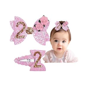 Glitter Birthday Pink Bow Flower Hair Clips Baby Girl 2nd Birthday Bow Hair Barrettes Hair Accessories.(FJ108) (2nd Baby Girls Hair Bow)