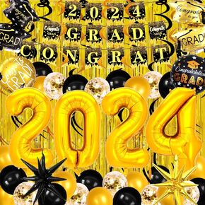 Graduation Decorations Class of 2024, 73 PCS, 40" Gold 2024 Balloons, "2024 Congrats Grad" Banner, 12 Black & Gold Hanging Swirls, Foil Curtains Backdrops with Latex Ballons, Save Time & Energy