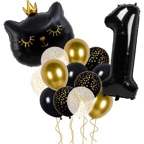Black 2 Balloon Number Cat Balloons, Number 2 Balloon, 2nd Birthday Decorations for Girl Boys, Cat Birthday Balloons for Black and Gold Birthday Decorations