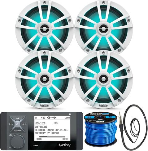 Great 16-25' Bay Boat Audio System: Bluetooth Stereo Radio Digital Media Marine Receiver Bundle Combo with 4x 6.5" 225W Peak OEM Replacement Waterproof Titanium RGB LED Speakers, Speaker Wire, Antenna in Saudi Arabia
