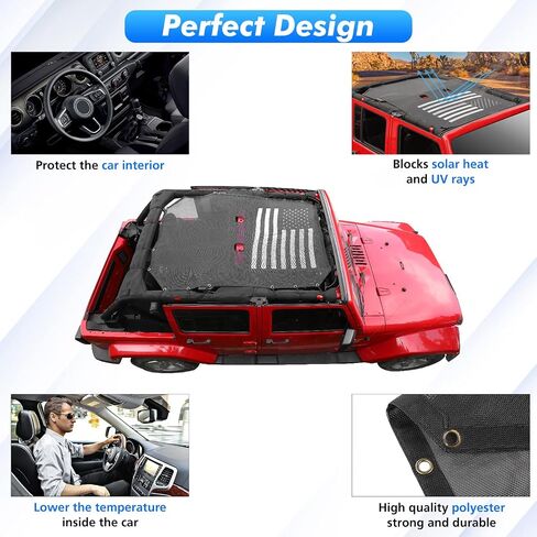 for JKU Sun Shade, Mesh Bikini Top Sunshade for 2007-2018 Jeep Wrangler JK & Unlimited 4 Door Only (American USA Flag) in Saudi Arabia