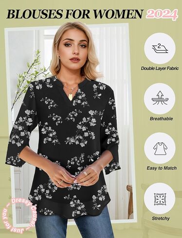 بلوزات شيفون نسائية بأكمام 3/4 للنساء كاجوال أنيقة، رقبة على شكل حرف V بطبقات مزدوجة، بلوزات شيفون 2024، قمم تونيك in Kuwait