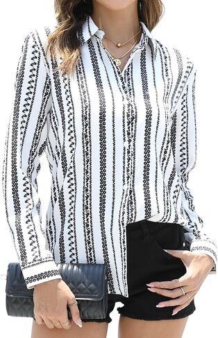 Womens Button-Down Shirts Long Sleeve Wrinkle Free Exquisite Print Fashion Casual Blouse Top XS-XXL in Saudi Arabia