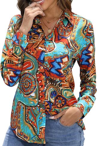 Womens Button-Down Shirts Long Sleeve Wrinkle Free Exquisite Print Fashion Casual Blouse Top XS-XXL in Saudi Arabia