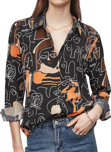 Womens Button-Down Shirts Long Sleeve Wrinkle Free Exquisite Print Fashion Casual Blouse Top XS-XXL in Saudi Arabia