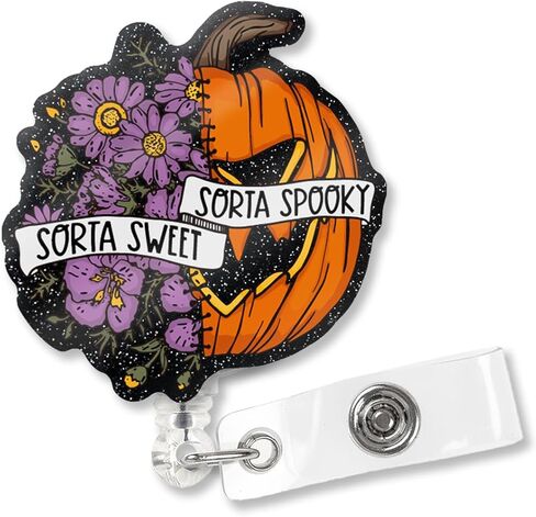 Sorta Sweet Sorta Spooky Black Glitter Cute Badge Reel Retractable with Shark Clip, Fun Halloween Floral Pumpkin Badge Clip for Nurse Doctor Paramedic LPN RN MD Social Worker Pumpkin Lovers in Saudi Arabia