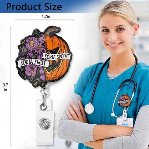 Sorta Sweet Sorta Spooky Black Glitter Cute Badge Reel Retractable with Shark Clip, Fun Halloween Floral Pumpkin Badge Clip for Nurse Doctor Paramedic LPN RN MD Social Worker Pumpkin Lovers in Saudi Arabia