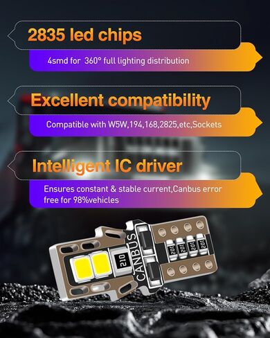 LUYED 194 مصباح LED 6500K أبيض T10 168 2825 W5W 4-SMD 2835 شرائح LED بديلة لمبات خالية من الأخطاء للسيارة الداخلية لخريطة القبة وأضواء لوحة ترخيص لوحة القيادة، حزمة من 10 in Kuwait