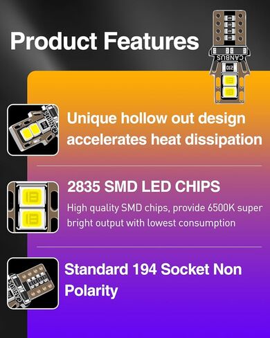 LUYED 194 مصباح LED 6500K أبيض T10 168 2825 W5W 4-SMD 2835 شرائح LED بديلة لمبات خالية من الأخطاء للسيارة الداخلية لخريطة القبة وأضواء لوحة ترخيص لوحة القيادة، حزمة من 10 in Kuwait
