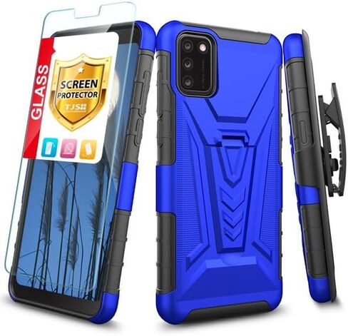 TJS Compatible with Alcatel TCL A3X A600DL Case, with Tempered Glass Screen Protector Belt Clip Holster Hybrid Kickstand Heavy Duty Cover Drop Protector Phone Case (Blue) in Saudi Arabia