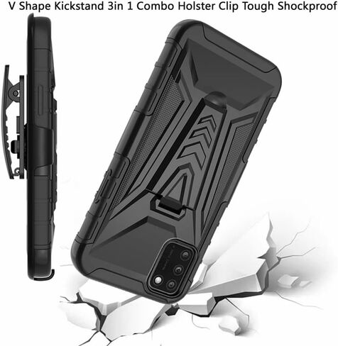 TJS Compatible with Alcatel TCL A3X A600DL Case, with Tempered Glass Screen Protector Belt Clip Holster Hybrid Kickstand Heavy Duty Cover Drop Protector Phone Case (Blue) in Saudi Arabia