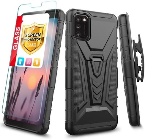 TJS Compatible with Alcatel TCL A3X A600DL Case, with Tempered Glass Screen Protector Belt Clip Holster Hybrid Kickstand Heavy Duty Cover Drop Protector Phone Case (Blue) in Saudi Arabia