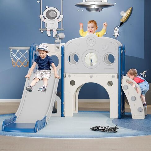 Toddler Slide, 8 in 1 Kids Slide with Basketball Hoop, Telescope and Climber, Baby Slide Toddler Playground, Indoor Outdoor Playset for Toddlers Age 1-3, Kids Indoor Playground (Blue&Gray) in Saudi Arabia