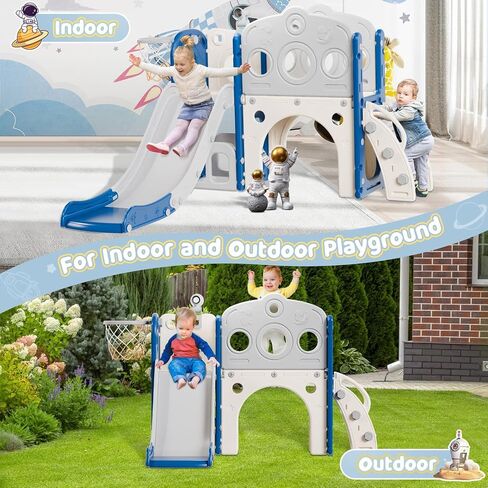 Toddler Slide, 8 in 1 Kids Slide with Basketball Hoop, Telescope and Climber, Baby Slide Toddler Playground, Indoor Outdoor Playset for Toddlers Age 1-3, Kids Indoor Playground (Blue&Gray) in Saudi Arabia