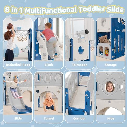 Toddler Slide, 8 in 1 Kids Slide with Basketball Hoop, Telescope and Climber, Baby Slide Toddler Playground, Indoor Outdoor Playset for Toddlers Age 1-3, Kids Indoor Playground (Blue&Gray) in Saudi Arabia