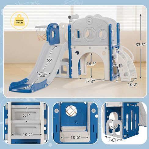 Toddler Slide, 8 in 1 Kids Slide with Basketball Hoop, Telescope and Climber, Baby Slide Toddler Playground, Indoor Outdoor Playset for Toddlers Age 1-3, Kids Indoor Playground (Blue&Gray) in Saudi Arabia