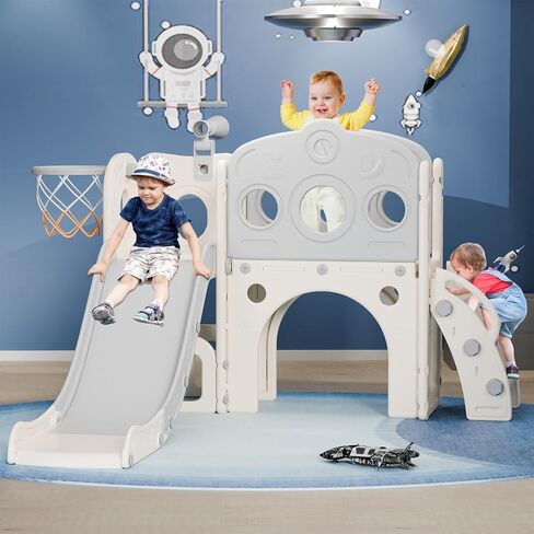 Toddler Slide, 8 in 1 Kids Slide with Basketball Hoop, Telescope and Climber, Baby Slide Toddler Playground, Indoor Outdoor Playset for Toddlers Age 1-3, Kids Indoor Playground (Blue&Gray) in Saudi Arabia