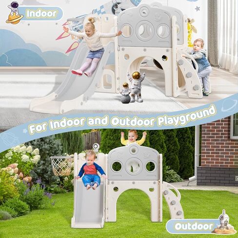 Toddler Slide, 8 in 1 Kids Slide with Basketball Hoop, Telescope and Climber, Baby Slide Toddler Playground, Indoor Outdoor Playset for Toddlers Age 1-3, Kids Indoor Playground (Blue&Gray) in Saudi Arabia