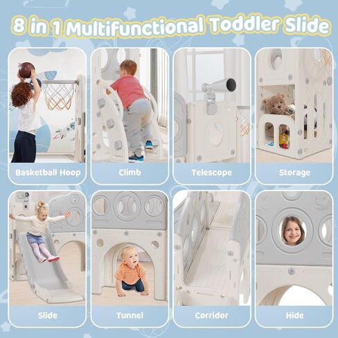 Toddler Slide, 8 in 1 Kids Slide with Basketball Hoop, Telescope and Climber, Baby Slide Toddler Playground, Indoor Outdoor Playset for Toddlers Age 1-3, Kids Indoor Playground (Blue&Gray) in Saudi Arabia