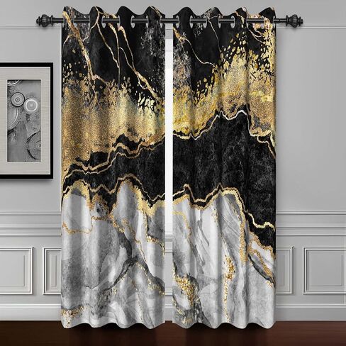 Baocicco Black and Gold Marble Window Curtains for Bedroom Art Fluid Gold Texture Marble Drapes for Living Room Modern Luxury Fashion Design Blackout Marble Grommets Curtains 2 Panels 21Wx45H Inch in Saudi Arabia