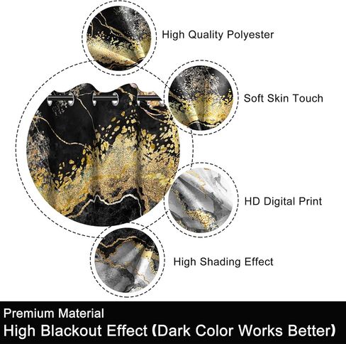 Baocicco Black and Gold Marble Window Curtains for Bedroom Art Fluid Gold Texture Marble Drapes for Living Room Modern Luxury Fashion Design Blackout Marble Grommets Curtains 2 Panels 21Wx45H Inch in Saudi Arabia