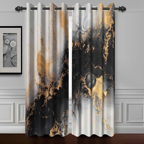 Baocicco Black and Gold Marble Window Curtains for Bedroom Art Fluid Gold Texture Marble Drapes for Living Room Modern Luxury Fashion Design Blackout Marble Grommets Curtains 2 Panels 21Wx45H Inch in Saudi Arabia