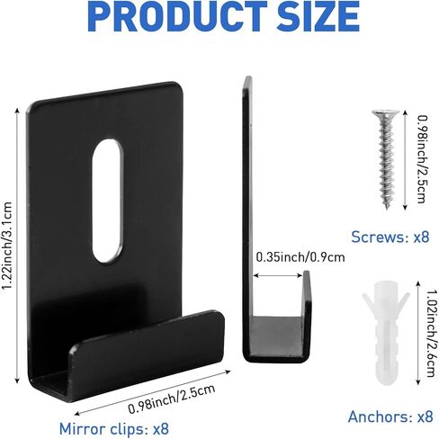 8Pcs Metal Mirror Clips Frameless Mirror, 1/4 Inch Heavy Mirror Hangers Wide Channel Mirror Mounting Bracket with Screw Wall Mounting Brackets for Mirrors Billboard Displays Tile Display(Black) in Kuwait