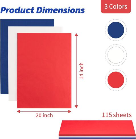 Simetufy Red White and Blue Tissue Paper for Gift Bags, 115 Sheets 14 x 20 Inches Flag Day Wrapping Paper for Packaging, Patriotic Tissue Paper Bulk for Independence Day, Birthday, DIY Crafts in Saudi Arabia