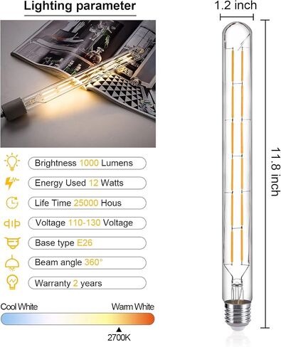 مصابيح أنبوبية LED، لمبة خيوط LED بنمط إديسون أنبوبي T10، لمبة LED عتيقة قابلة للتعتيم بقدرة 12 وات، قاعدة E26، زجاج شفاف، أبيض دافئ، 2700 كيلفن، 1000 لومن (ما يعادل 75-100 وات)، 11.8 بوصة، 6 عبوات in Saudi Arabia