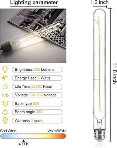 مصابيح أنبوبية LED، لمبة خيوط LED بنمط إديسون أنبوبي T10، لمبة LED عتيقة قابلة للتعتيم بقدرة 12 وات، قاعدة E26، زجاج شفاف، أبيض دافئ، 2700 كيلفن، 1000 لومن (ما يعادل 75-100 وات)، 11.8 بوصة، 6 عبوات in Saudi Arabia