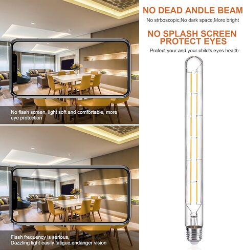 مصابيح أنبوبية LED، لمبة خيوط LED بنمط إديسون أنبوبي T10، لمبة LED عتيقة قابلة للتعتيم بقدرة 12 وات، قاعدة E26، زجاج شفاف، أبيض دافئ، 2700 كيلفن، 1000 لومن (ما يعادل 75-100 وات)، 11.8 بوصة، 6 عبوات in Kuwait