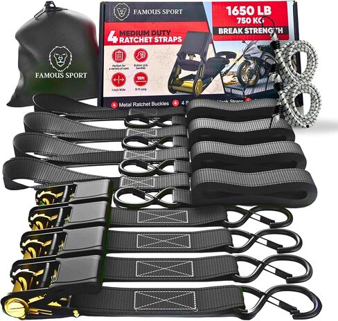Ratchet Straps - 1650lb Break, 500lb Load - 15ft Tie-Downs for Motorcycles/Trucks - Heavy-Duty, Durable Hooks, Rubberized Handles - Secure Hauling, Any Load in Saudi Arabia