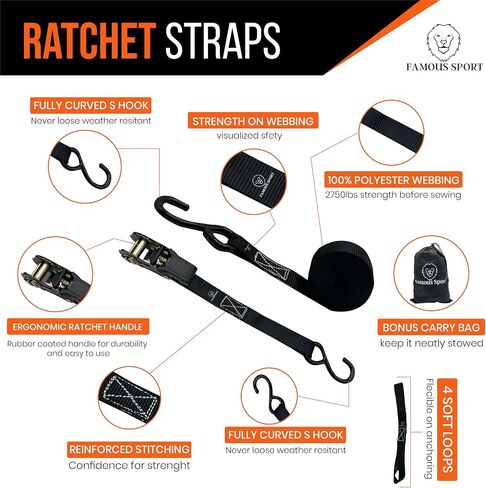 Ratchet Straps - 1650lb Break, 500lb Load - 15ft Tie-Downs for Motorcycles/Trucks - Heavy-Duty, Durable Hooks, Rubberized Handles - Secure Hauling, Any Load in Saudi Arabia