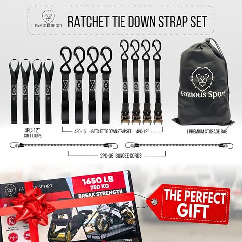 Ratchet Straps - 1650lb Break, 500lb Load - 15ft Tie-Downs for Motorcycles/Trucks - Heavy-Duty, Durable Hooks, Rubberized Handles - Secure Hauling, Any Load in Saudi Arabia