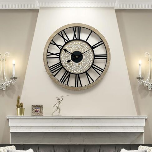 ساعة حائط مزرعة كبيرة لديكور غرفة المعيشة، 24 بوصة ساعة حائط خشبية منحوتة مستديرة، ساعات حائط ديكورية صامتة غير موقوتة لغرفة النوم/المطبخ/المدخل/المكتب/غرفة الطعام in Kuwait