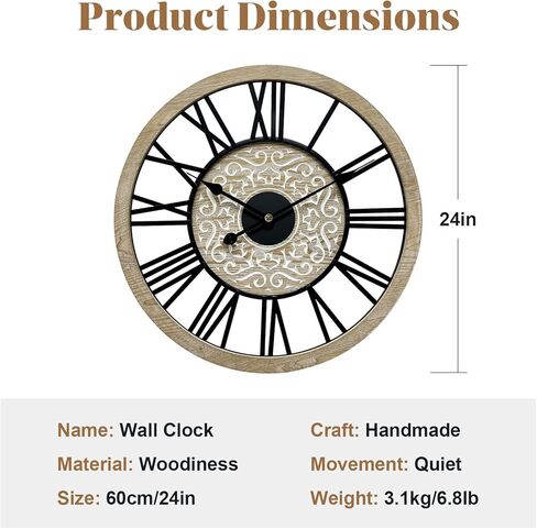 ساعة حائط مزرعة كبيرة لديكور غرفة المعيشة، 24 بوصة ساعة حائط خشبية منحوتة مستديرة، ساعات حائط ديكورية صامتة غير موقوتة لغرفة النوم/المطبخ/المدخل/المكتب/غرفة الطعام in Kuwait