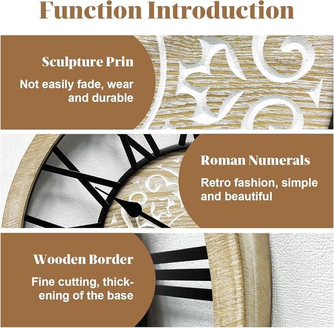 ساعة حائط مزرعة كبيرة لديكور غرفة المعيشة، 24 بوصة ساعة حائط خشبية منحوتة مستديرة، ساعات حائط ديكورية صامتة غير موقوتة لغرفة النوم/المطبخ/المدخل/المكتب/غرفة الطعام in Kuwait