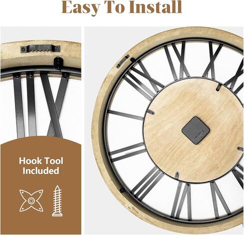 ساعة حائط مزرعة كبيرة لديكور غرفة المعيشة، 24 بوصة ساعة حائط خشبية منحوتة مستديرة، ساعات حائط ديكورية صامتة غير موقوتة لغرفة النوم/المطبخ/المدخل/المكتب/غرفة الطعام in Kuwait