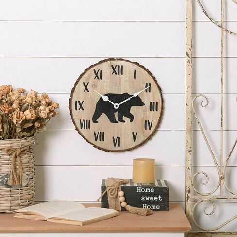 nikky home 12 "ساعة حائط المقصورة الخشب الدب مزرعة ساعة تعمل بالبطارية الصامتة غير موقوتة ريفي التنوب النباح ساعة خشبية ديكور المنزل ديكور للمطبخ، غرفة المعيشة، غرفة نوم، مكتب in Saudi Arabia