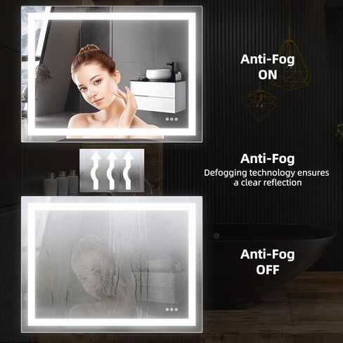 مرآة حمام LED مقاس 48 × 36 بوصة مع إضاءة أمامية وخلفية، مرايا حائط قابلة للتعتيم بدون خطوات مع مقاومة للضباب ومقاومة للكسر وذاكرة و3 ألوان ومرآة زينة مزدوجة LED in Kuwait