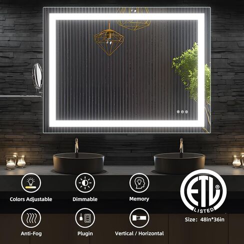 مرآة حمام LED مقاس 48 × 36 بوصة مع إضاءة أمامية وخلفية، مرايا حائط قابلة للتعتيم بدون خطوات مع مقاومة للضباب ومقاومة للكسر وذاكرة و3 ألوان ومرآة زينة مزدوجة LED in Kuwait