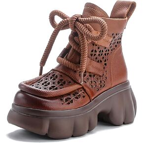 Women's Genuine Leather Lace Up Platform Gladiator Sandals With Side Zipper Comfortable Breathable Closed Toe Lug Sole Chunky Heel Summer Hollow Y2K Ankle Boots in Kuwait