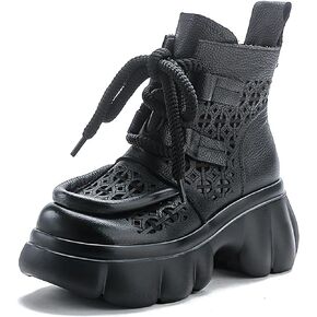 Women's Genuine Leather Lace Up Platform Gladiator Sandals With Side Zipper Comfortable Breathable Closed Toe Lug Sole Chunky Heel Summer Hollow Y2K Ankle Boots