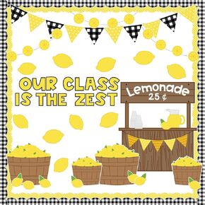 Whaline 92Pcs Lemonade Stand Bulletin Board Decoration Kit Summer Plaid Bulletin Board Set Yellow Lemon Cutouts with Glue Points for Classroom School Office Home Wall Decoration
